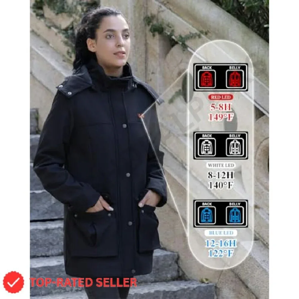 Heated Winter Coat with Detachable Hood Long Jacket Warm Tech Chic